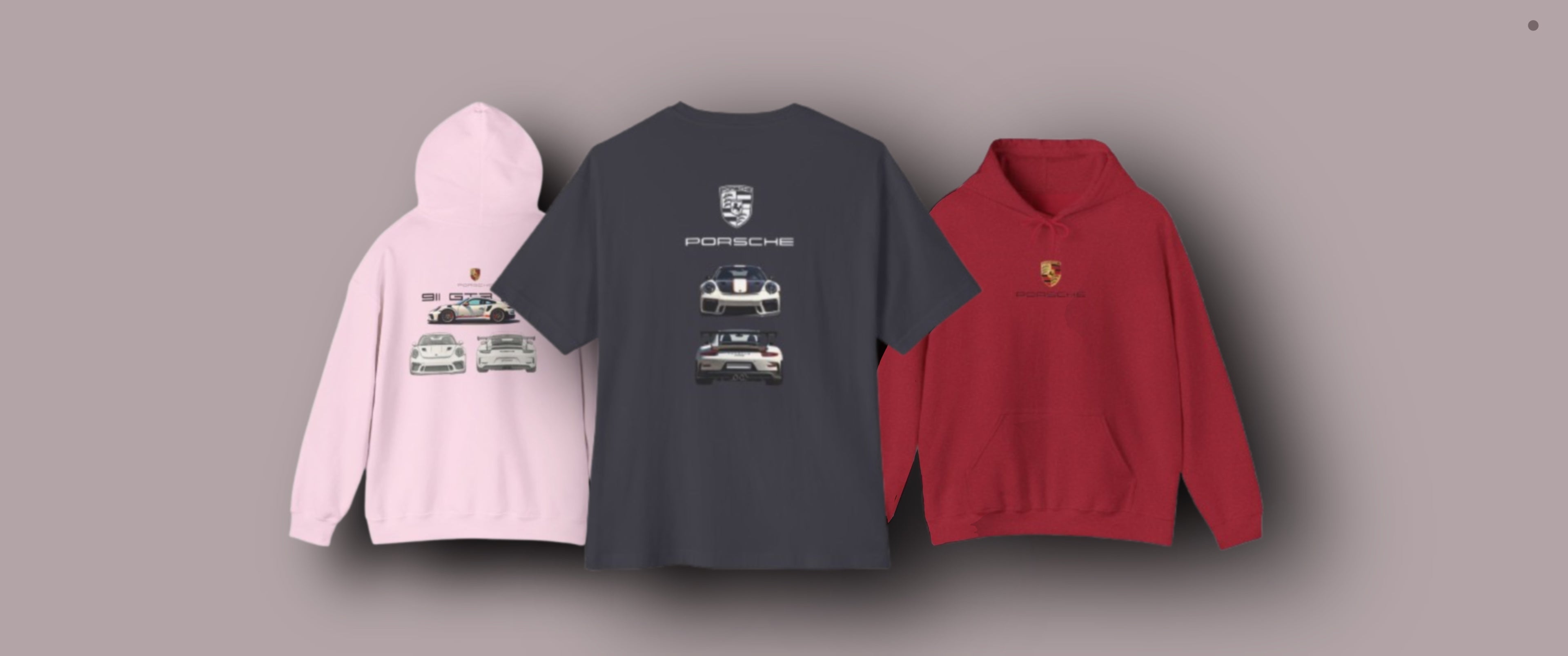 Three hoodies and a t-shirt displayed against a gray background